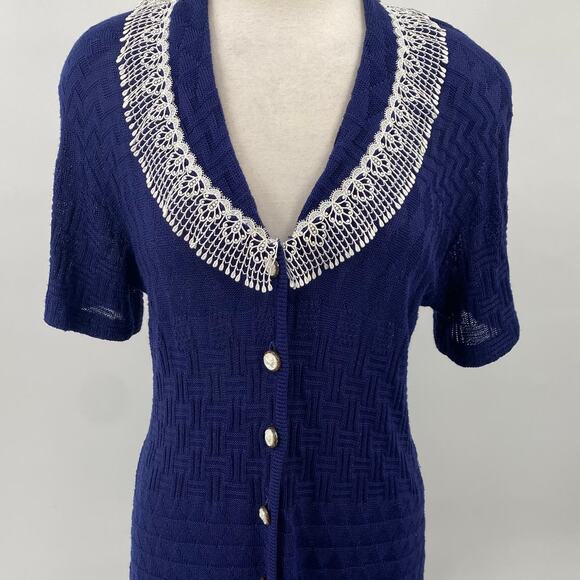 Vintage 2 Piece Skirt Set Crochet Knit Lace Trim Button Front Navy Blue XS/Small - Picture 4 of 12